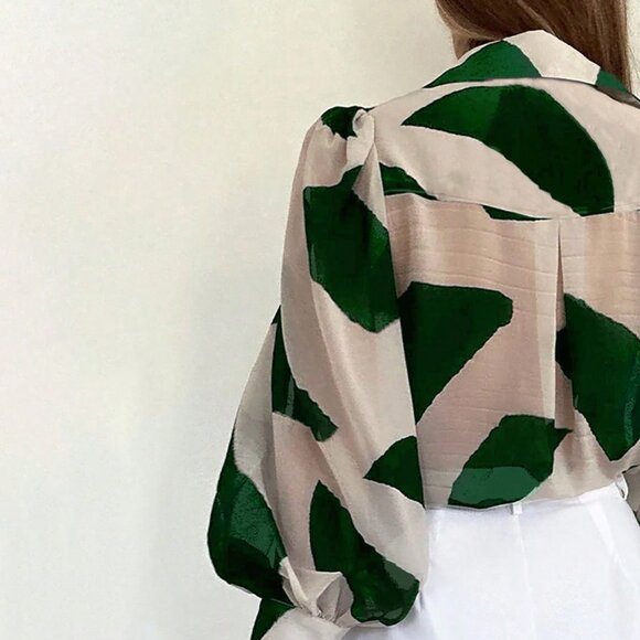 Green Casual Women's Contrast Color Print Lantern Sleeve Blouse Cloth - Picture 3 of 7